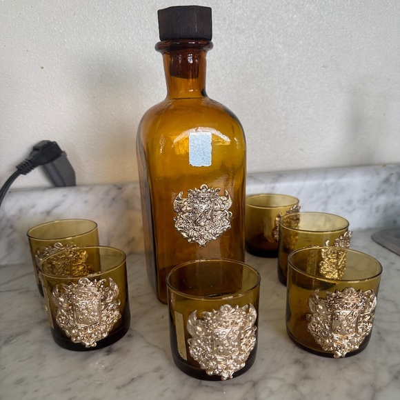 Other - Vintage Amber Glass Bar Set | Decanter & 6 Glasses | Royal Crest Design